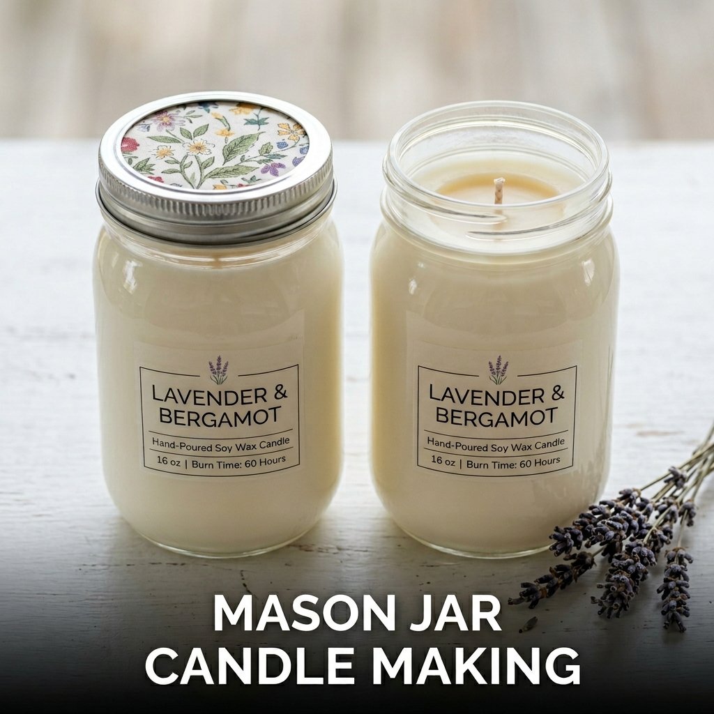 A hand-poured soy wax candle inside a pint mason jar with a centered cotton wick and a rustic label