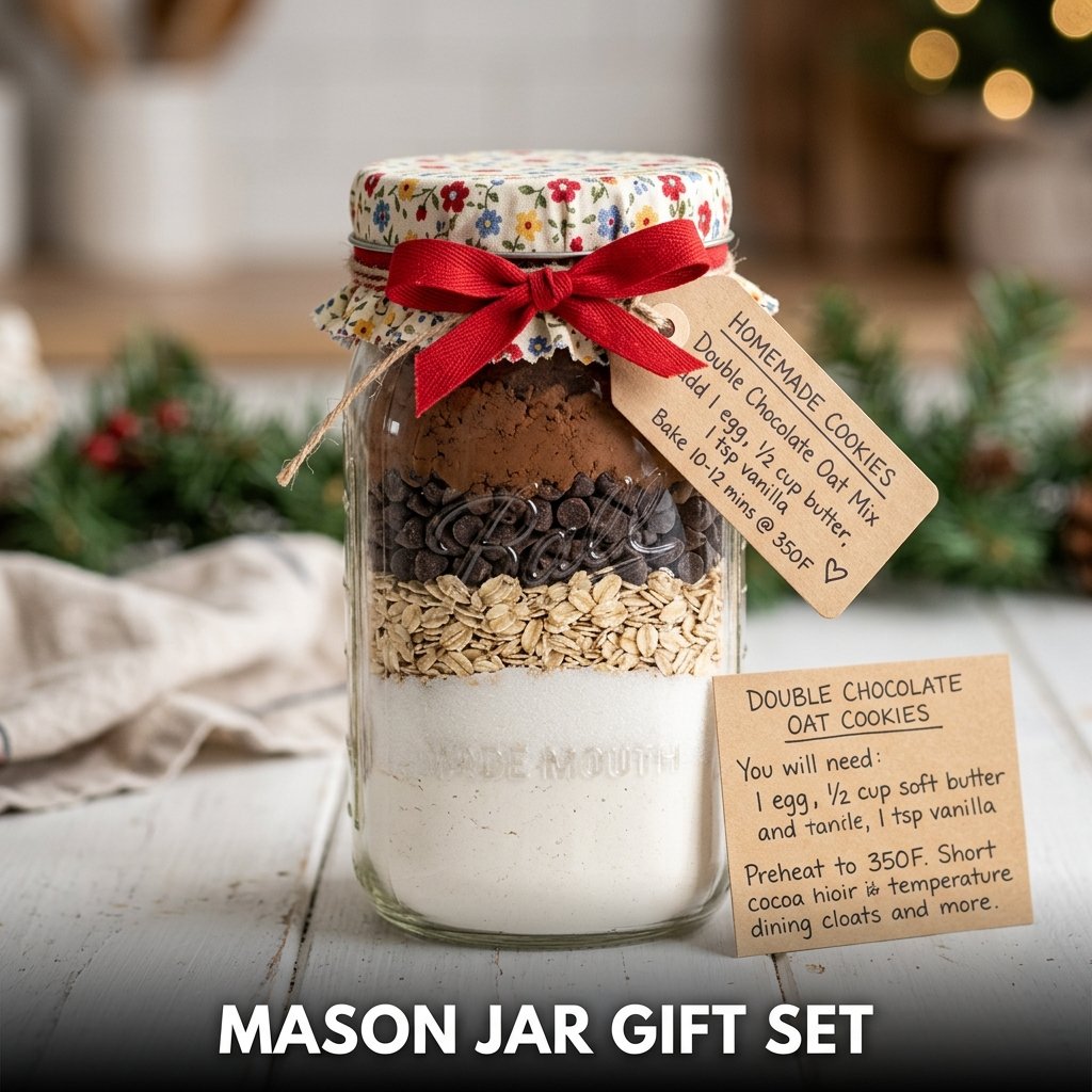 A quart-sized mason jar filled with distinct, colorful layers of dry cookie ingredients, topped with a decorative fabric lid