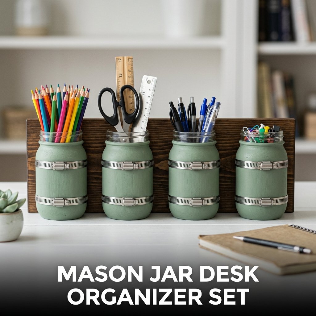A desk organization system consisting of four chalk-painted mason jars mounted to a dark walnut-stained wooden board with metal hose clamps