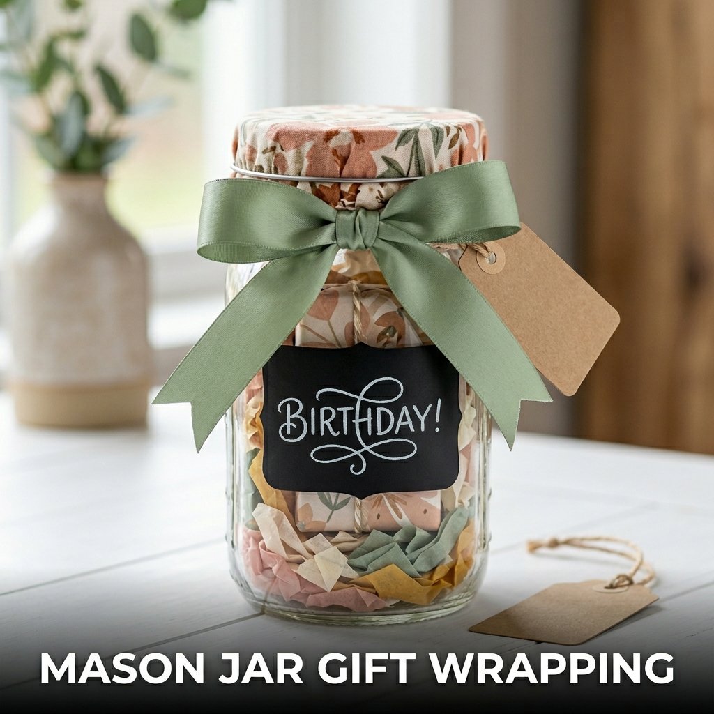 A quart mason jar used as gift packaging, filled with colorful paper shreds and a small candle, topped with a ribbon