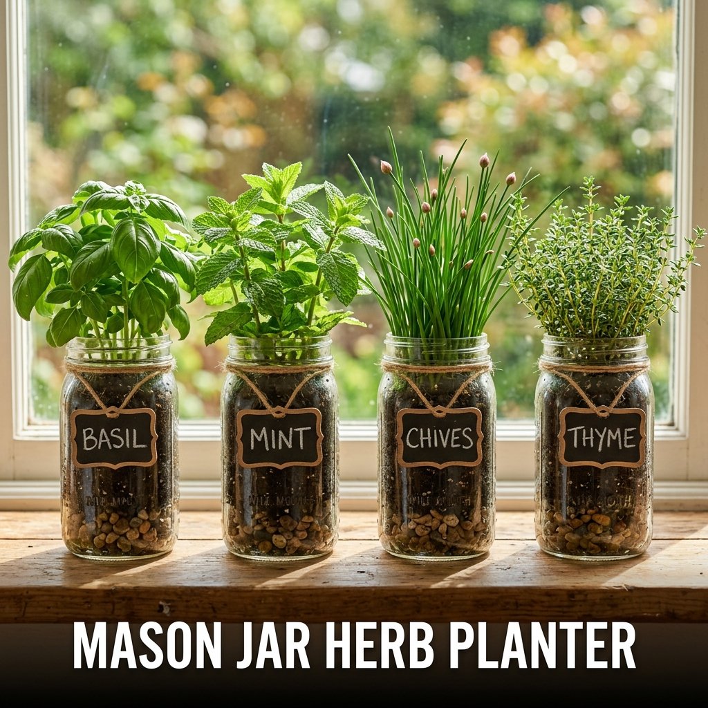 A kitchen windowsill display of wide-mouth quart jars growing fresh green basil and mint in potting soil