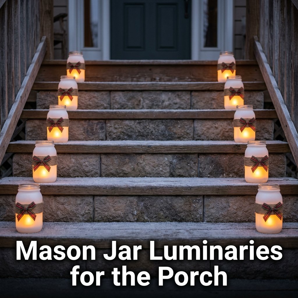 A neat row of frosted white glass mason jars wrapped in natural twine and holding flickering battery-operated LED tea lights on porch steps