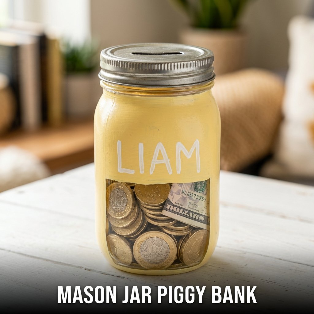 A glass savings jar with a coin slot in the lid, showing a collection of coins and folded dollar bills visible through the side