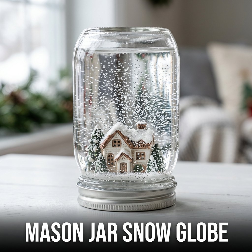 A DIY holiday snow globe made from a wide-mouth mason jar featuring a ceramic figurine inside and swirling silver glitter