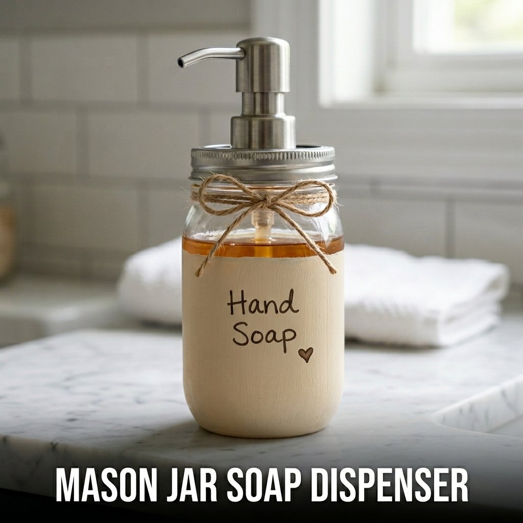 A repurposed mason jar with a stainless steel pump lid, filled with amber-colored liquid hand soap