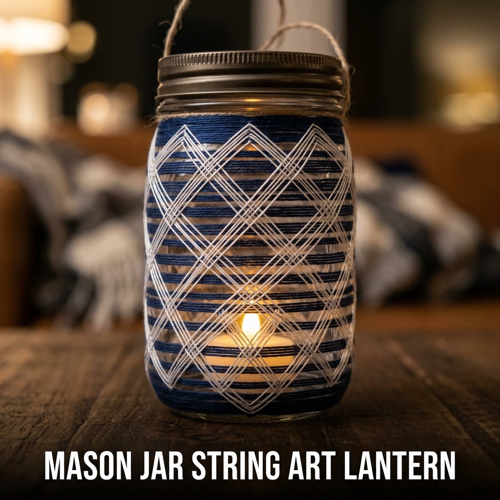 A decorative mason jar wrapped in navy and white embroidery floss in a geometric diamond pattern, glowing from within