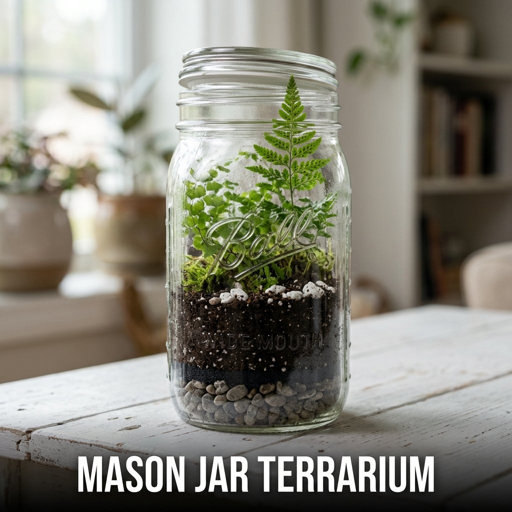 A miniature indoor garden inside a quart mason jar featuring green moss, small ferns, and decorative white stones