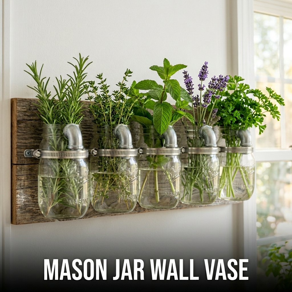 A row of five small mason jars mounted horizontally on a rustic wood plank, each holding a bunch of fresh rosemary and lavender
