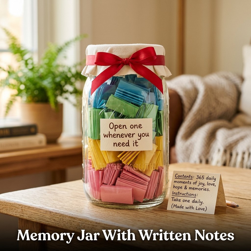 A clear glass jar filled with dozens of neatly folded strips of pastel-colored paper, wrapped with a satin ribbon