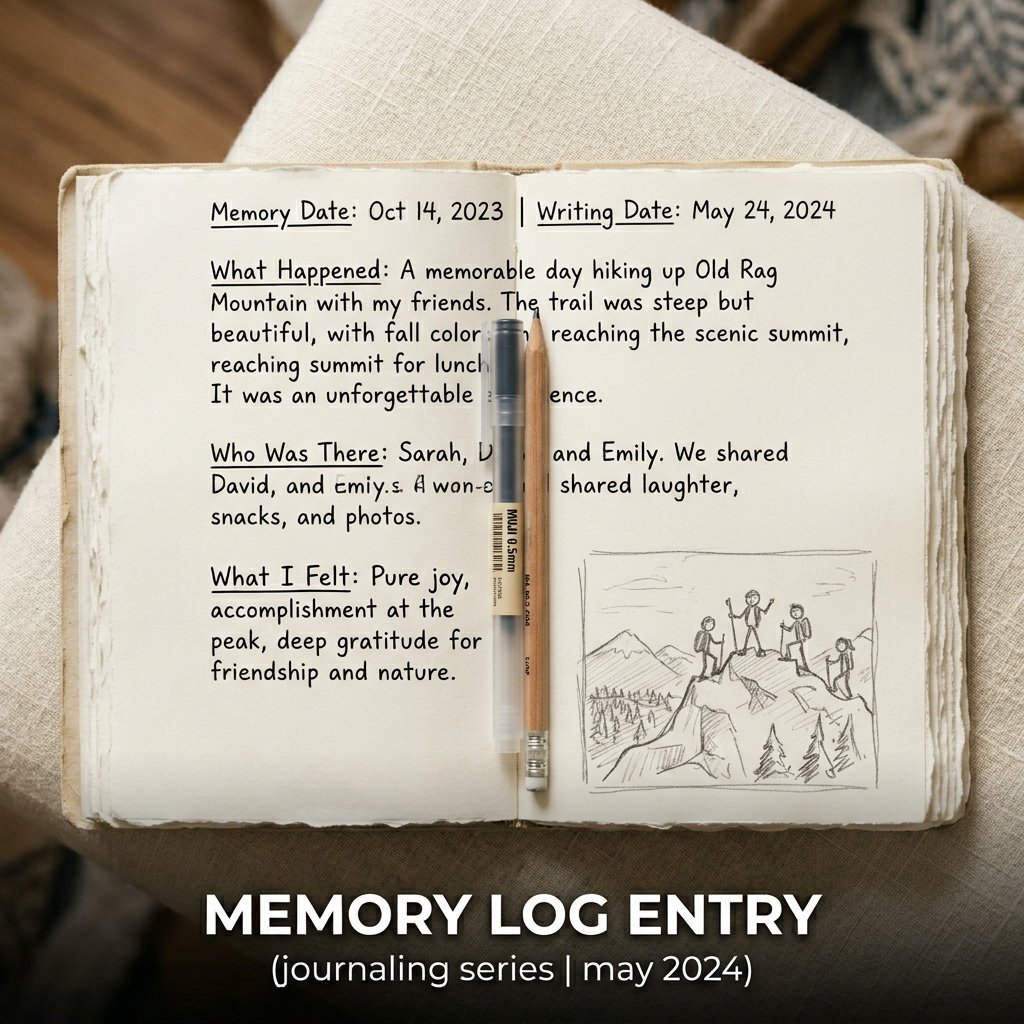 A structured journal page showcasing a detailed memory narrative with a simple ink doodle of an old bicycle in the margin