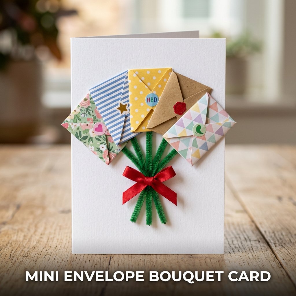 A creative greeting card front featuring a beautiful fan arrangement of tiny colorful paper envelopes on green pipe cleaner stems, gathered with a neat ribbon bow