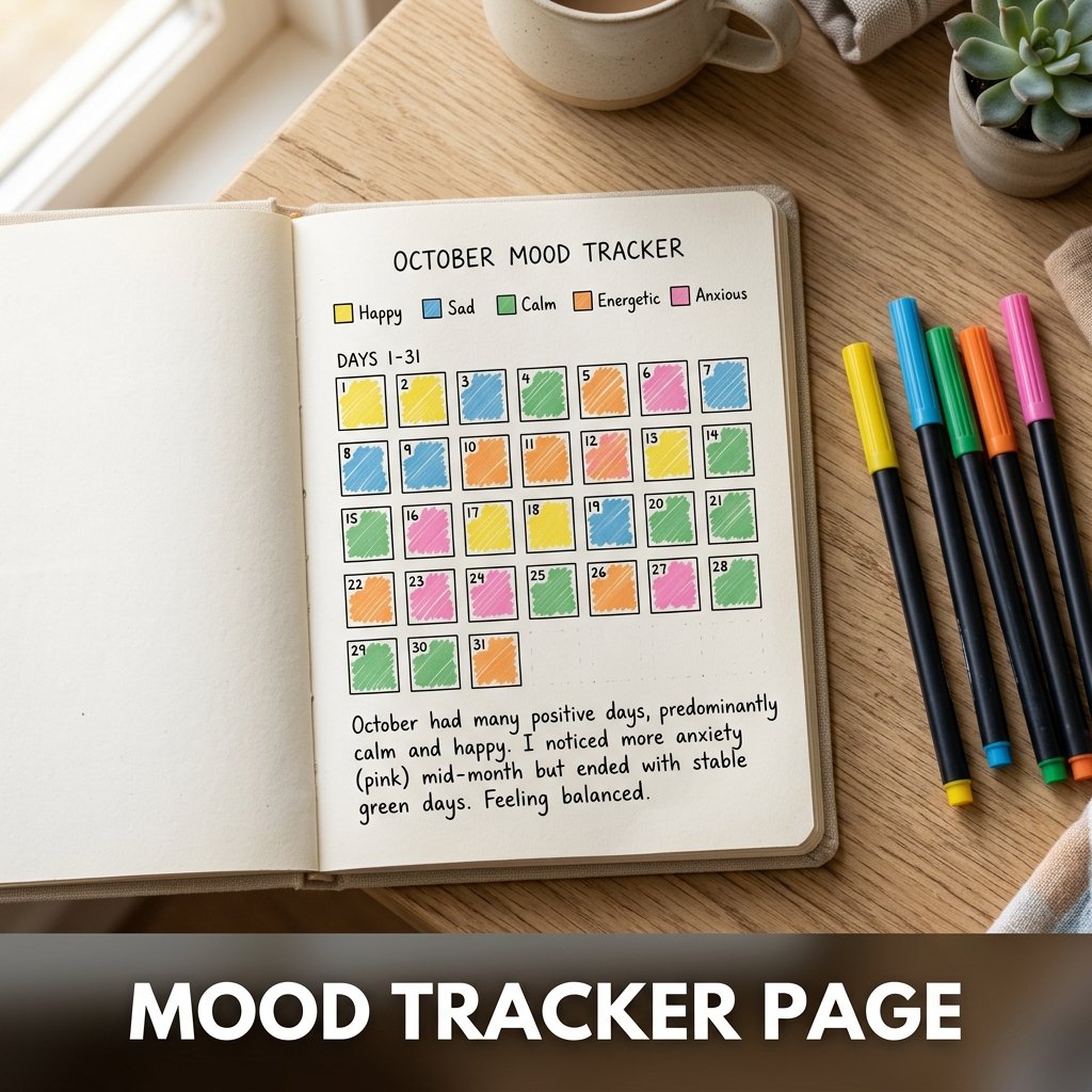 A vibrant monthly diary page showing a hand-drawn grid of 31 squares, each colored in with shades of yellow, blue, and green according to a color key