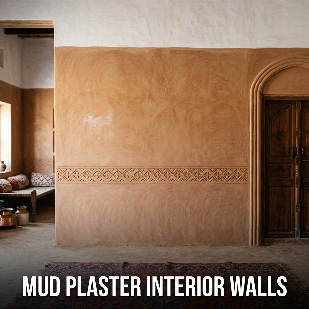 A warm, minimalist room interior featuring textured, light beige mud-plastered walls finished with a smooth stone-burnished sheen