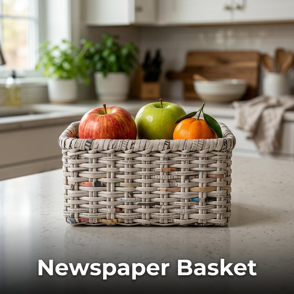 A small, square storage basket meticulously woven from tightly rolled newspaper tubes, holding fresh green apples on a modern kitchen counter