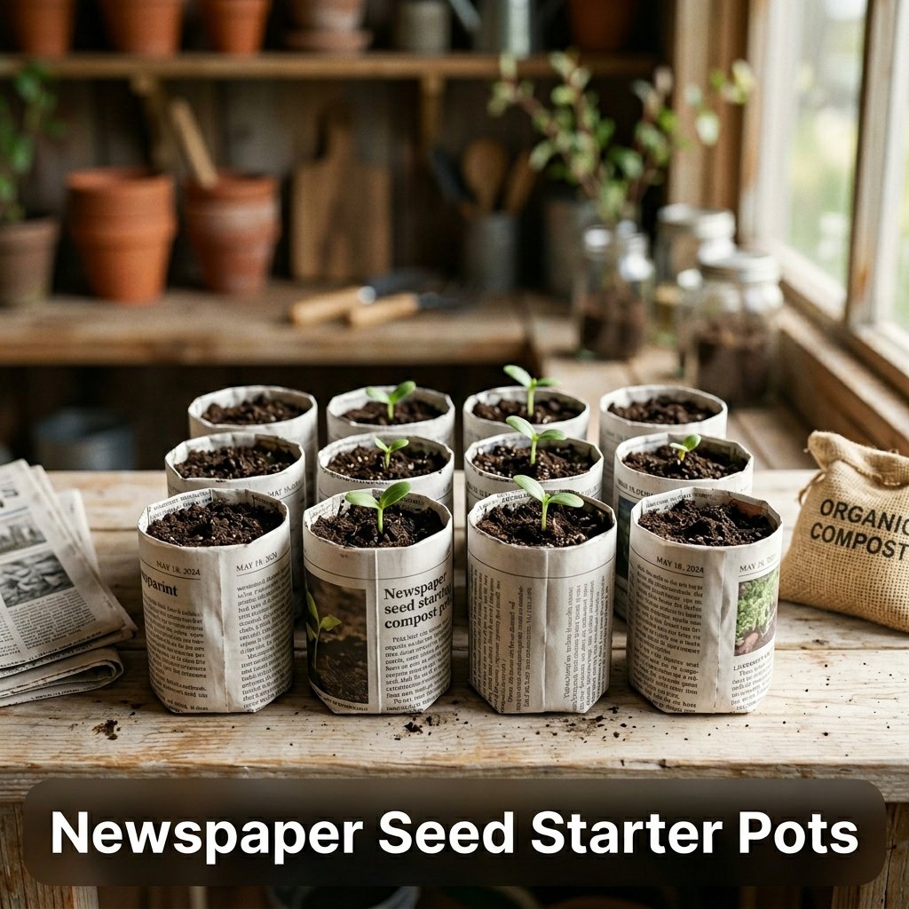 A row of small biodegradable seed starter pots rolled from black-and-white newspaper sheets, filled with rich dark potting soil and tiny green sprouts.