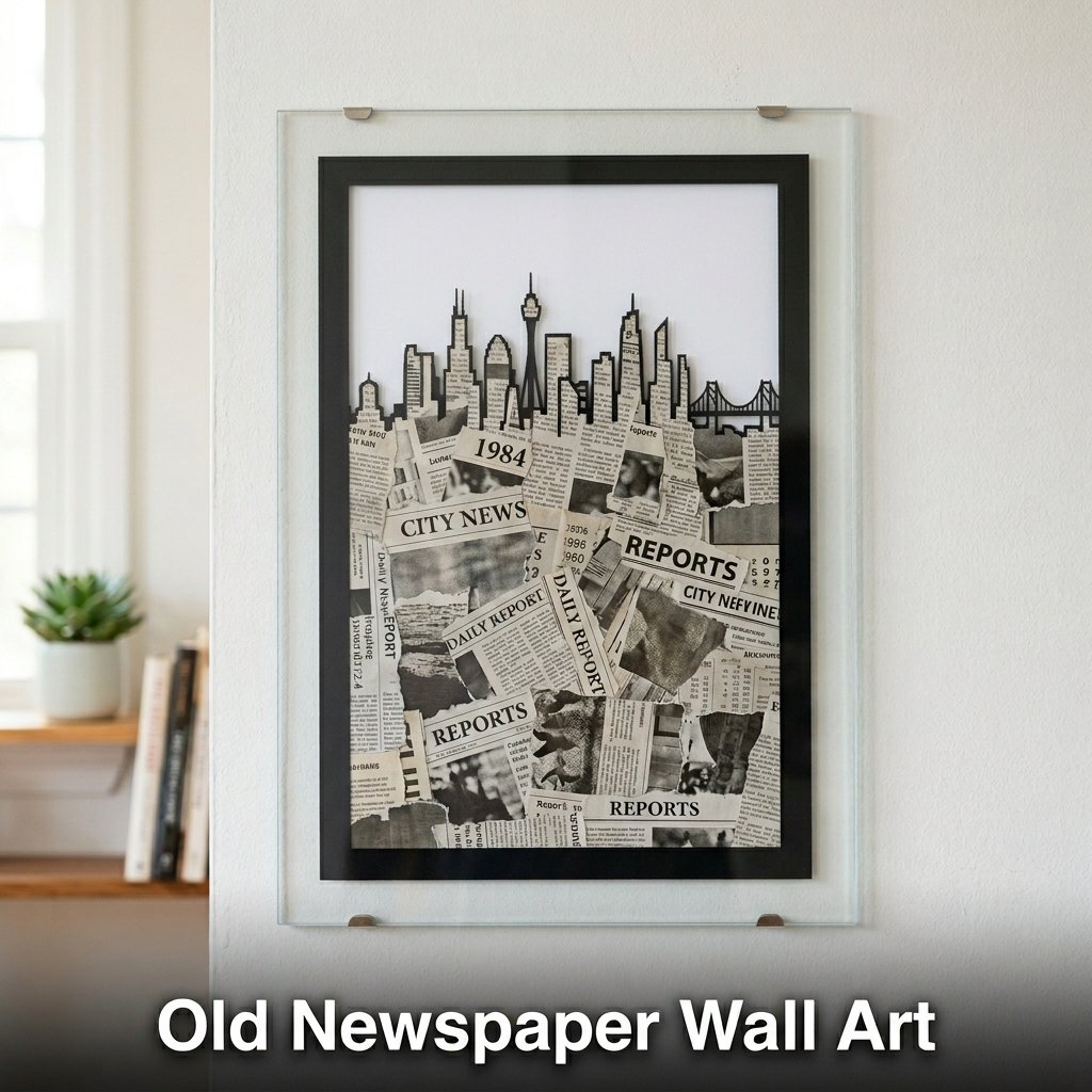 A sharp black cardstock silhouette cut-out of a city skyline layered over a background panel of overlapping, textured newspaper print inside a sleek frame