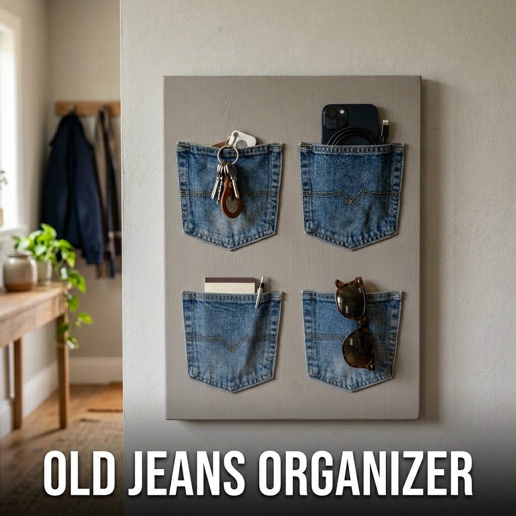A rustic wall-mounted pine board fitted with four denim back pockets cut from old jeans, holding keys, sunglasses, and smartphone cables
