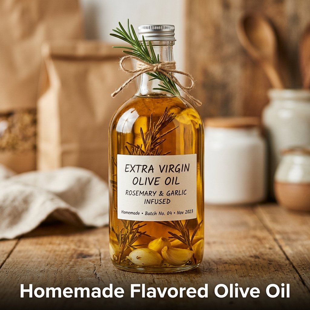 A tall, elegant glass bottle filled with extra virgin olive oil and infused with dried rosemary sprigs and garlic cloves