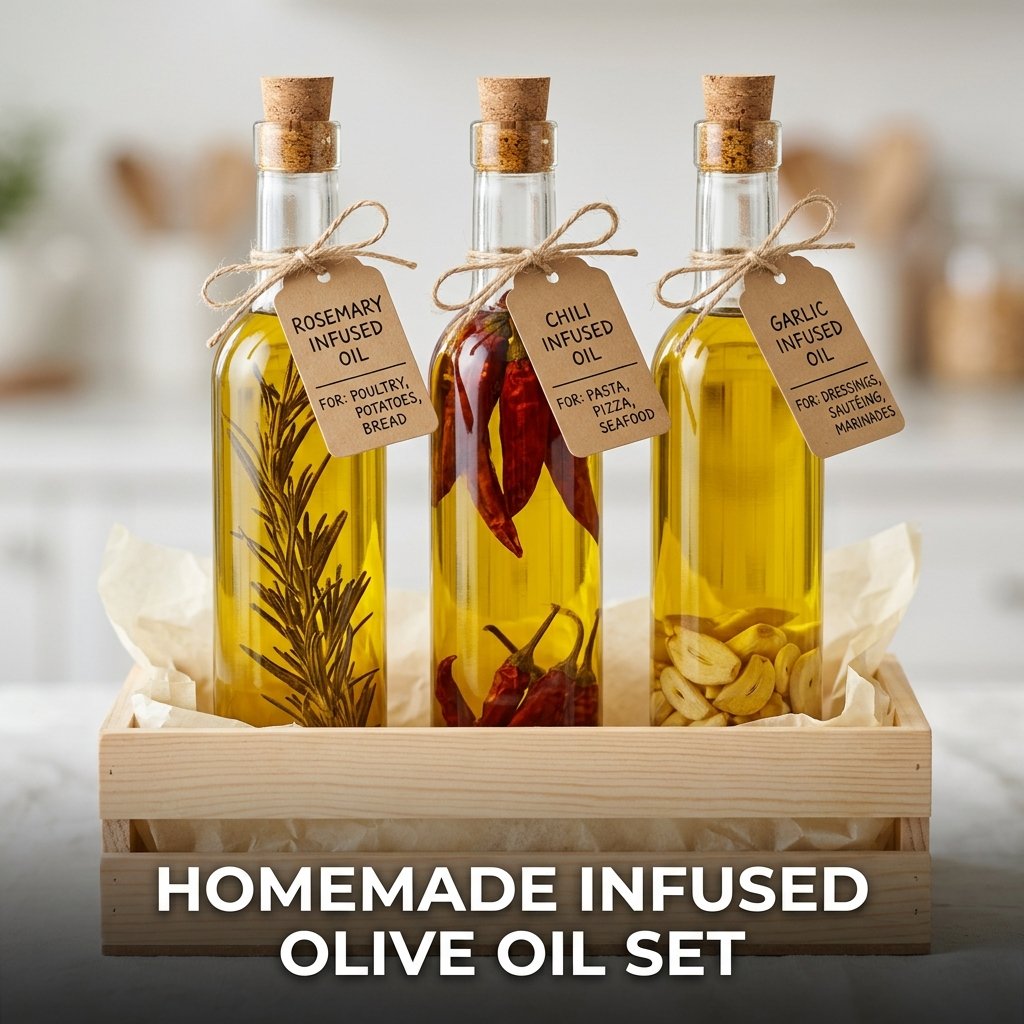 Three clear glass bottles filled with golden extra virgin olive oil, beautifully layered with dried red chili peppers, garlic cloves, and fresh rosemary sprigs.