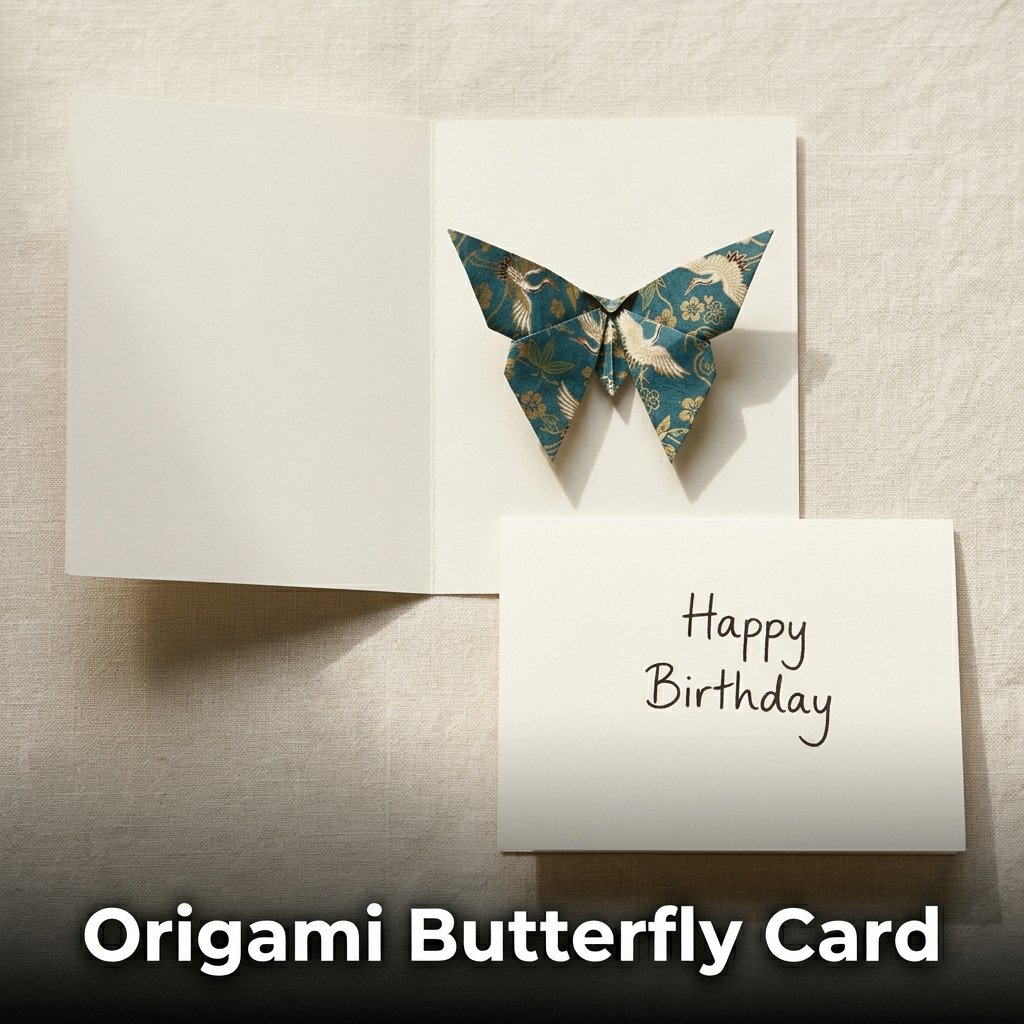 A creative birthday card decorated with a detailed, three-dimensional folded origami butterfly made from floral patterned paper