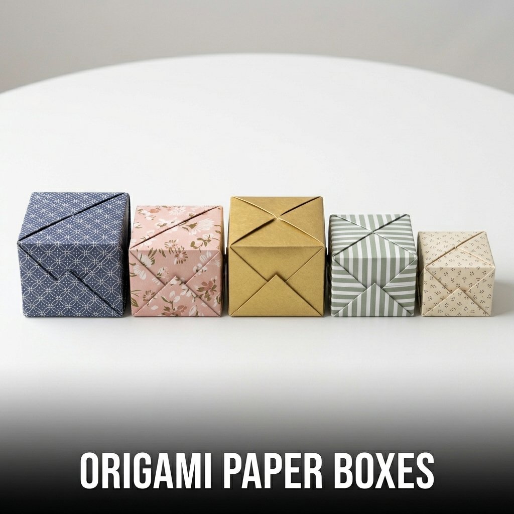 Origami paper boxes with folded colorful paper and simple handmade storage design