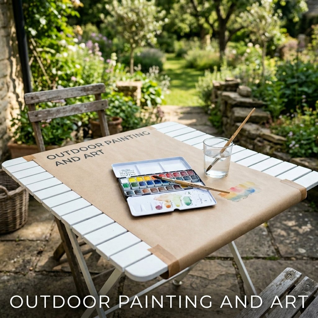 Three kids sitting at a newspaper-covered patio table, focused on painting smooth river stones with bright acrylic paint colors