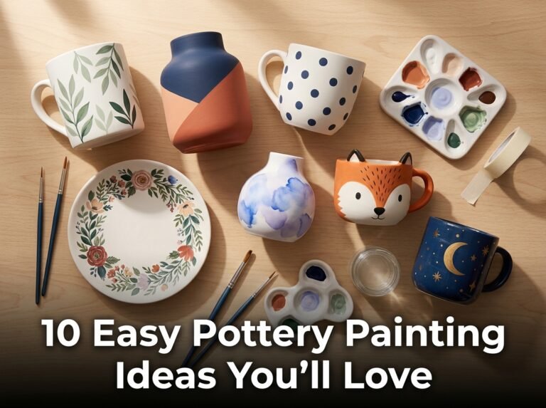 A cozy, well-lit pottery studio table filled with vibrant ceramic paint pots, fine-tip brushes, and beautifully finished, hand-painted ceramic mugs and vases