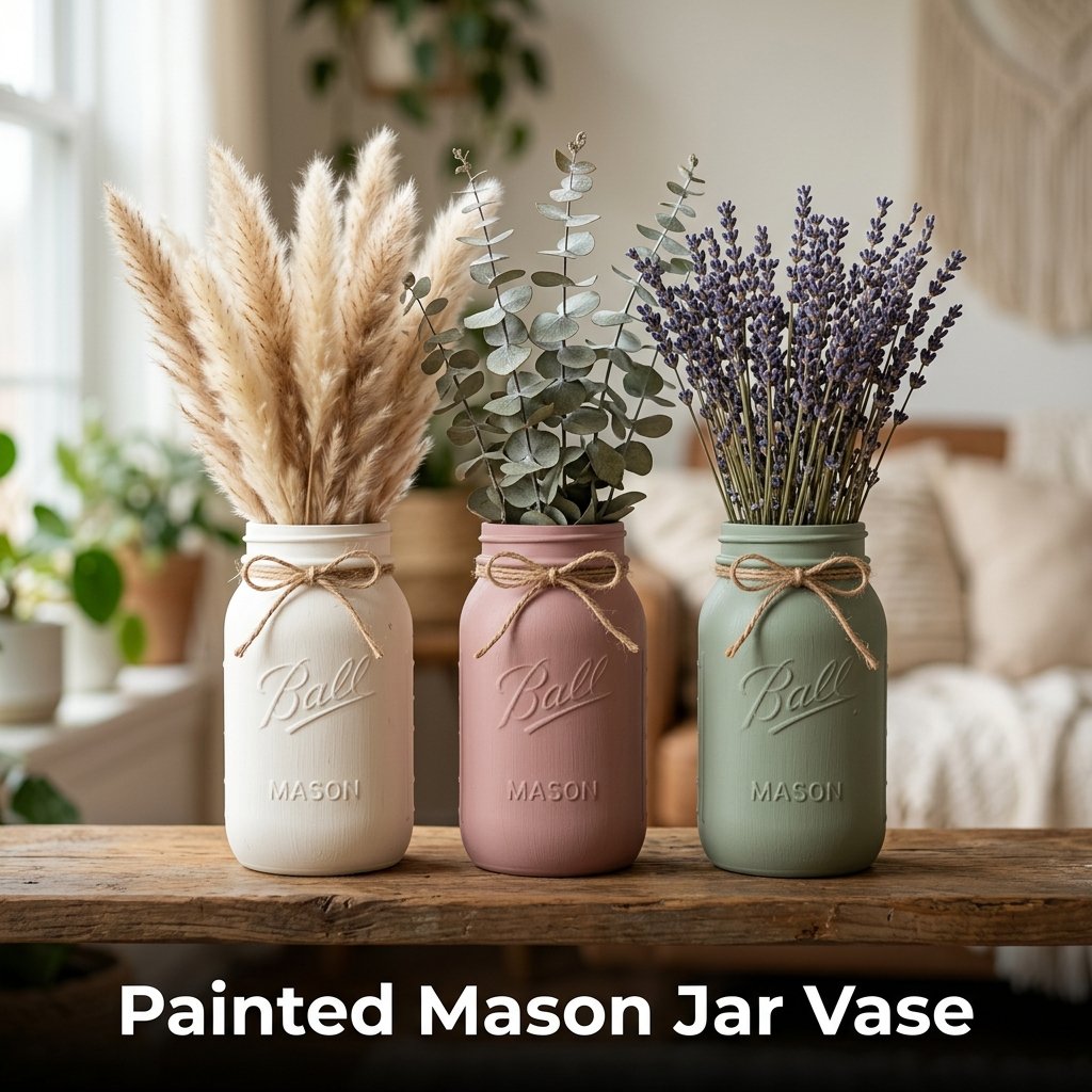 A stylish quart-sized mason jar painted in matte dusty rose, serving as a vase for dried eucalyptus stems