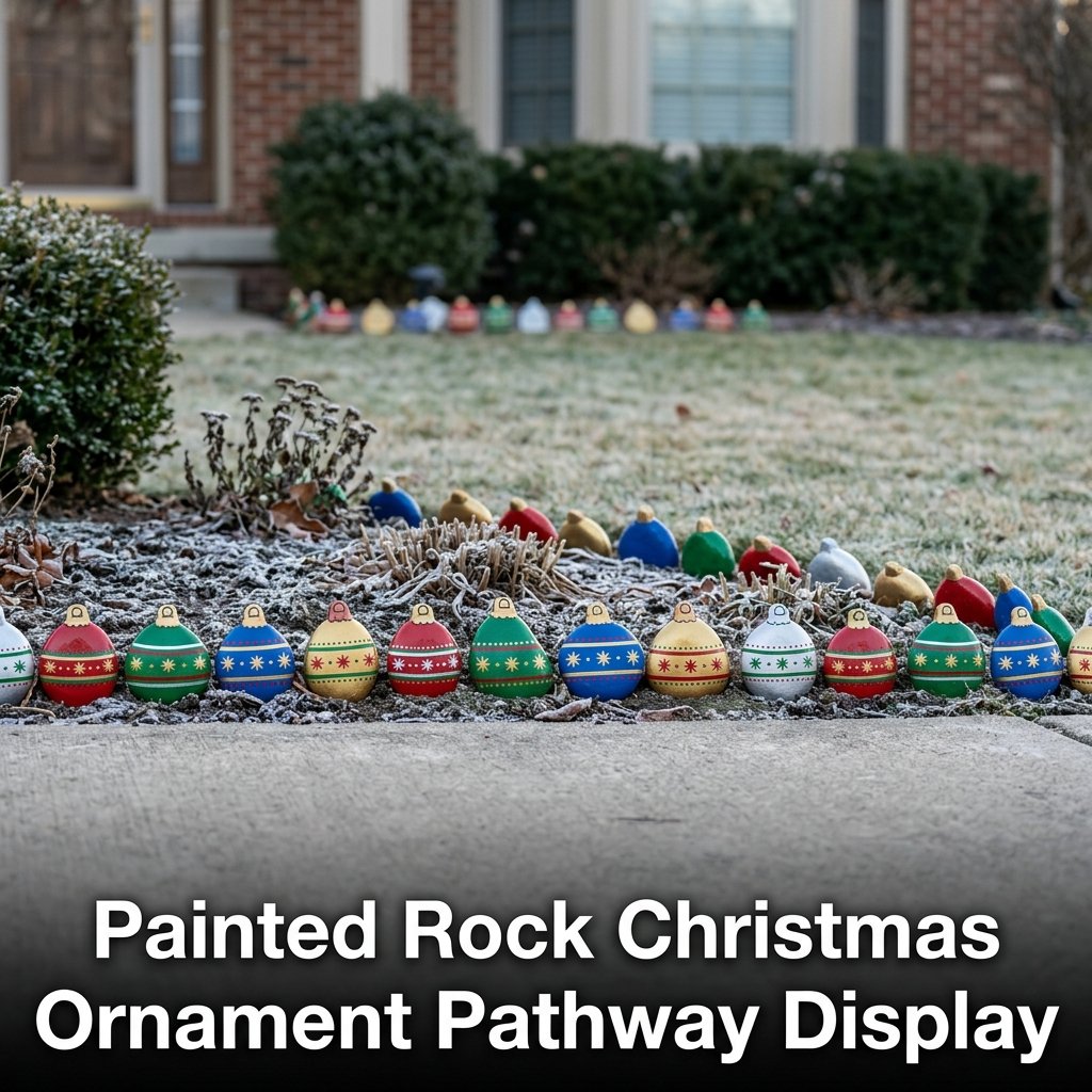 A beautiful border of smooth river stones meticulously painted like colorful vintage Christmas ornaments along a garden bed edge
