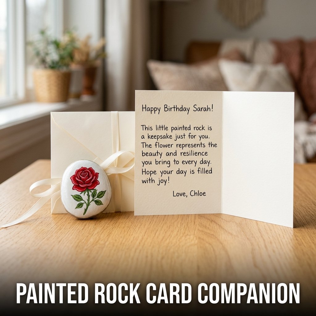 A smooth, flat river stone painted with a delicate white daisy flower sitting next to a matching ribbon-tied holiday greeting card