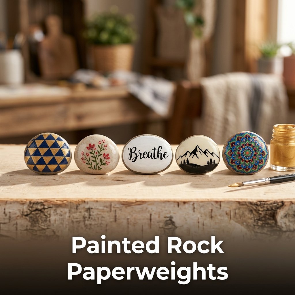 A collection of smooth river stones painted with vibrant geometric patterns and sealed with a glossy varnish