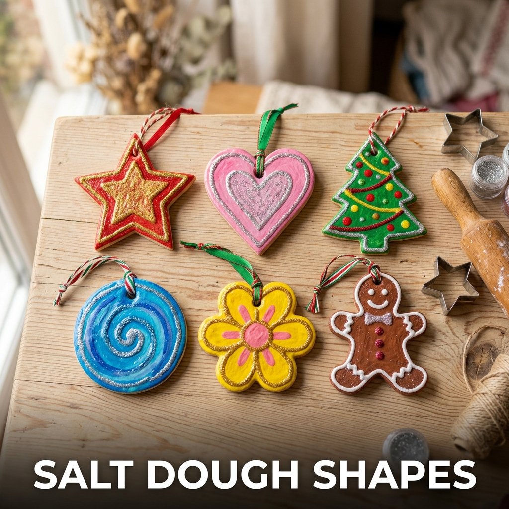 A collection of star and heart-shaped salt dough holiday ornaments painted with bright acrylic colors and hung with rustic twine