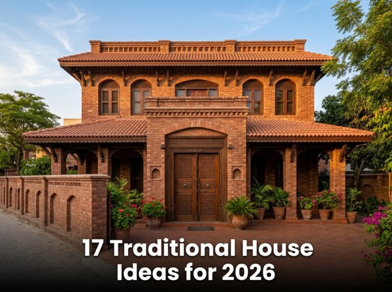 A stunning, grand traditional South Asian courtyard house at sunset, showcasing detailed brick archways, hand-carved wooden balconies, and a central water fountain