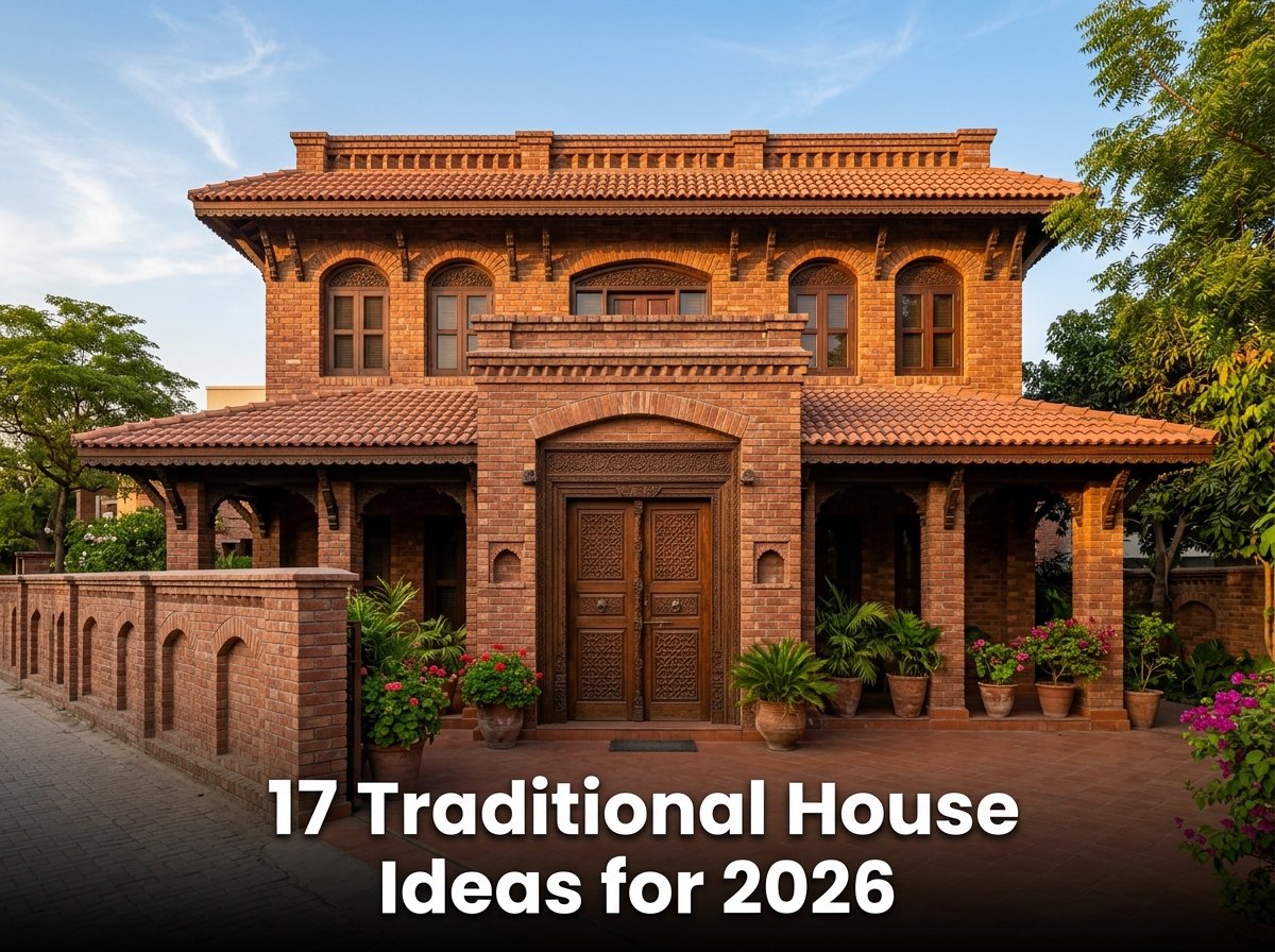 A stunning, grand traditional South Asian courtyard house at sunset, showcasing detailed brick archways, hand-carved wooden balconies, and a central water fountain