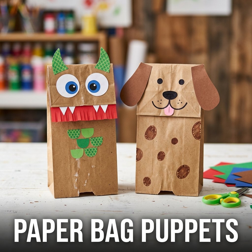 A bright green paper bag monster puppet with large paper eyes and jagged white teeth, sitting next to a brown paper bag dog puppet with floppy ears