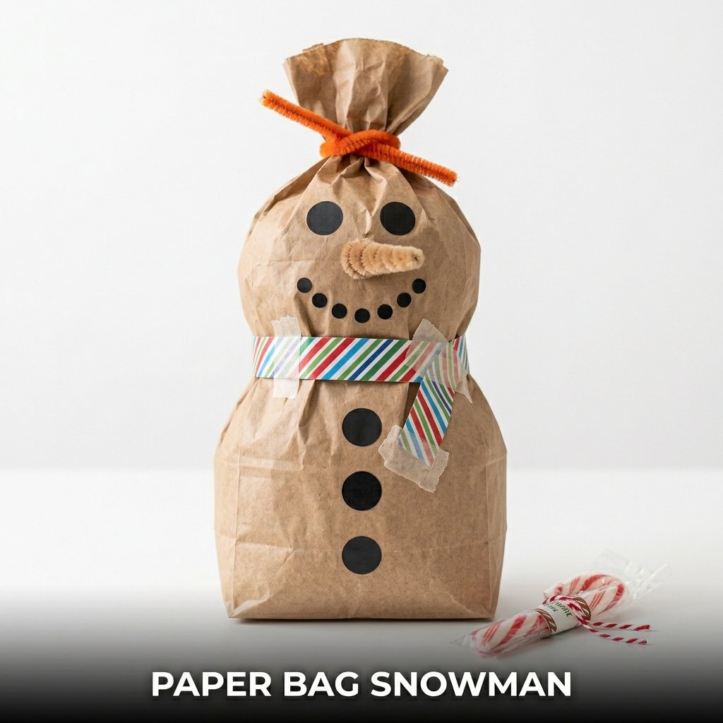 A white paper lunch bag stuffed to look round, featuring a pipe cleaner nose and a paper ribbon scarf