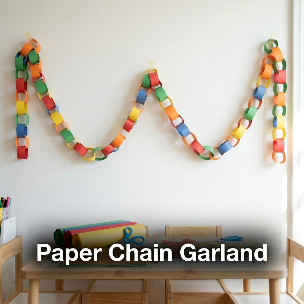 A long, interlocking festive garland chain made from alternating loops of red, green, blue, and yellow construction paper strips