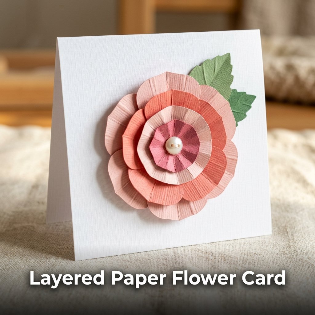 A dimensional birthday card adorned with a large paper flower made from stacked circles of decreasing sizes in coordinating shades of purple