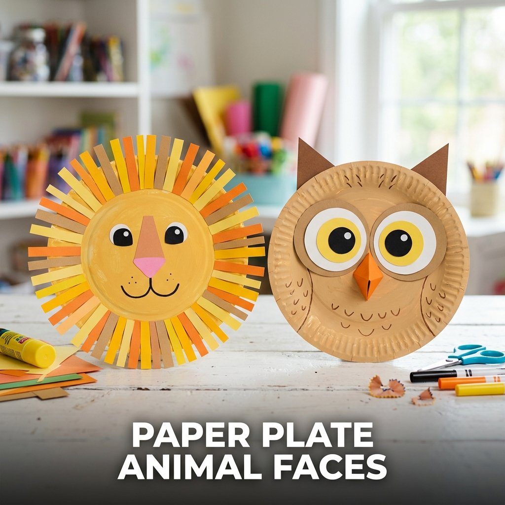 A smiling lion face made from a yellow-painted paper plate with a construction paper mane, and a cute paper plate owl with layered yellow eyes