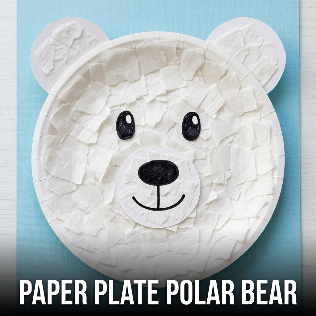 A white paper plate decorated with tissue paper texture, two round ears, and a black pom-pom nose to look like a polar bear
