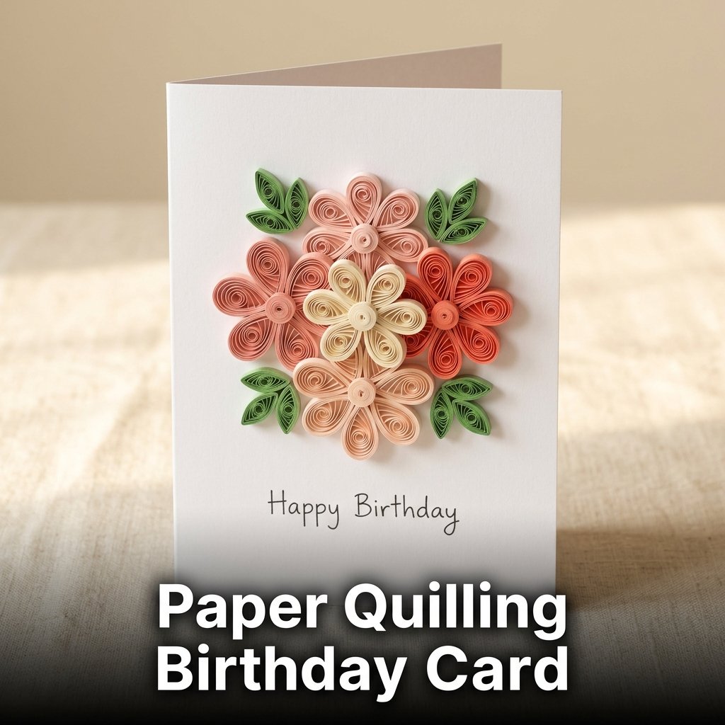 An intricate handmade card decorated with delicate rolled and pinched paper coils formed into a stunning 3D floral bouquet