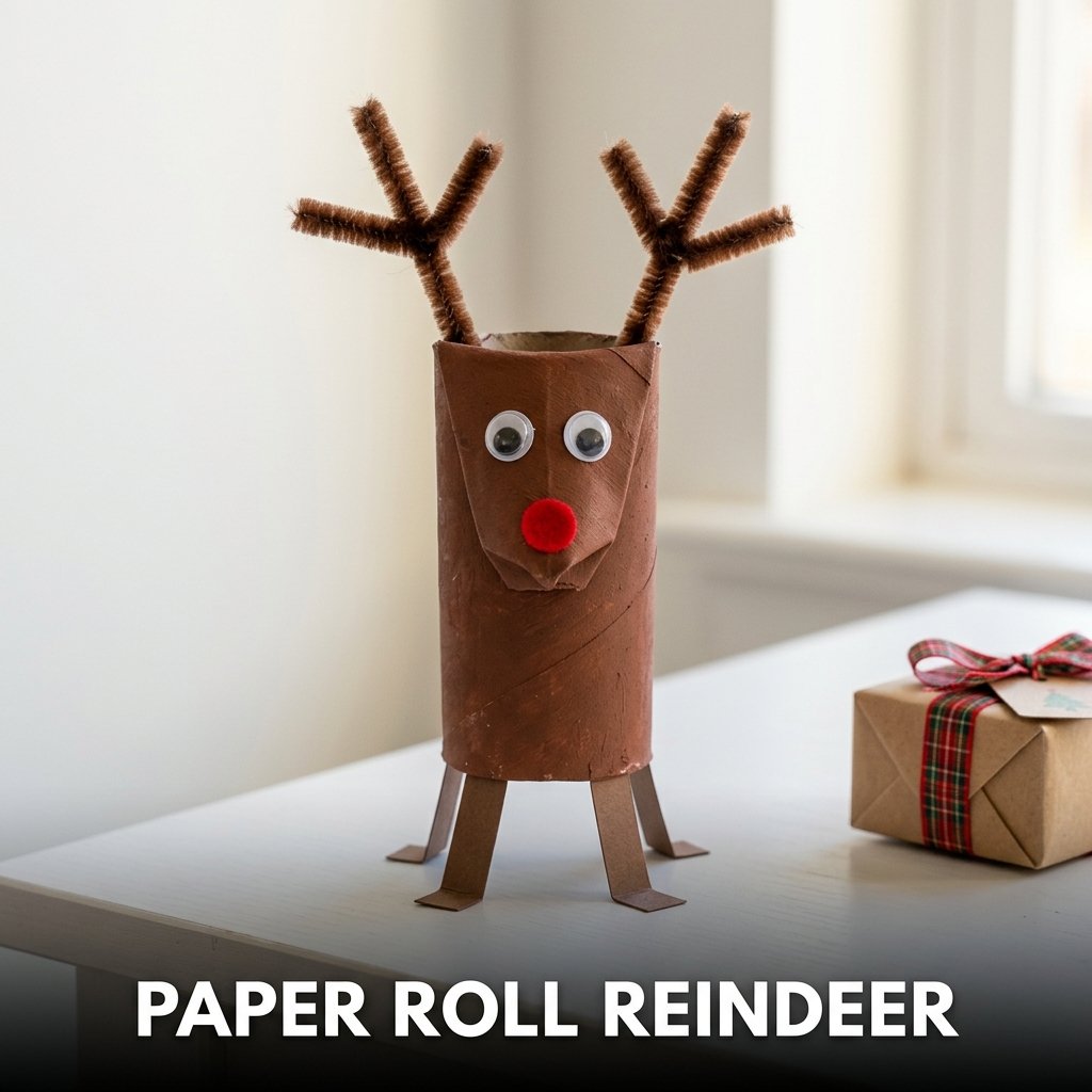 A brown painted cardboard tube with brown pipe cleaner antlers and a bright red paper nose