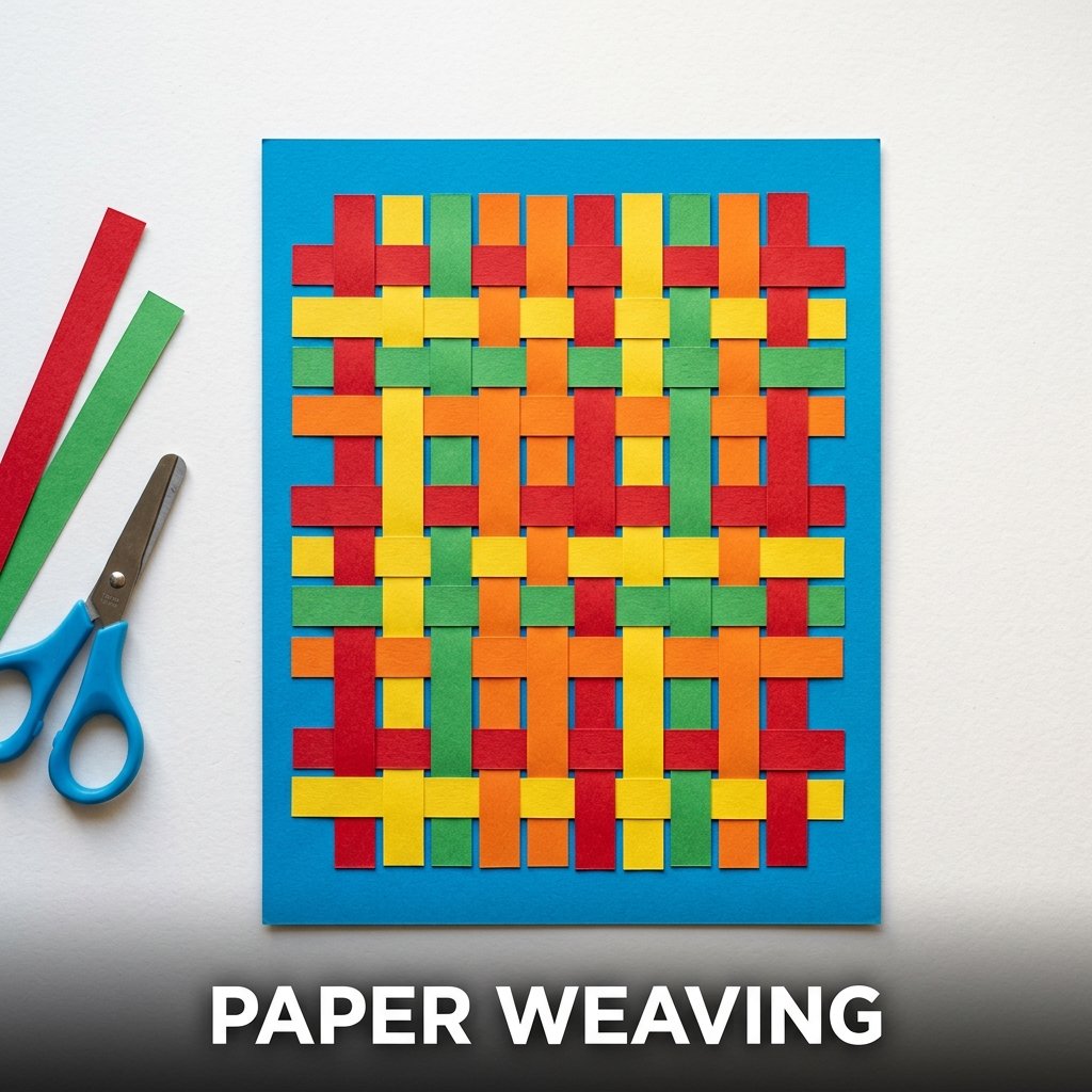 A flat, colorful plaid pattern created by weaving vibrant yellow and orange paper strips through a slotted green cardstock base sheet