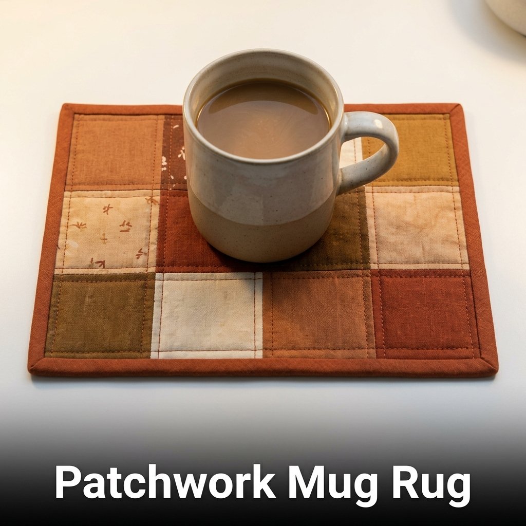 Patchwork mug rug with quilted fabric squares and cozy handmade table accessory