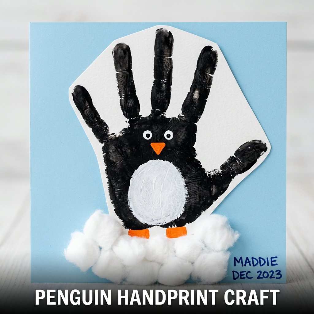 A child's black handprint on white paper transformed into a penguin with a white belly and orange beak