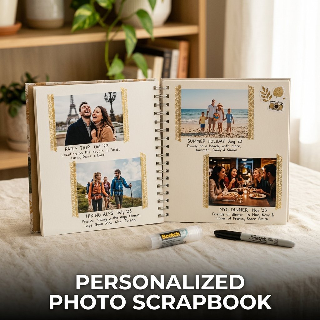 A beautiful open scrapbook showing printed travel photos, colorful washi tape borders, and neat handwritten captions