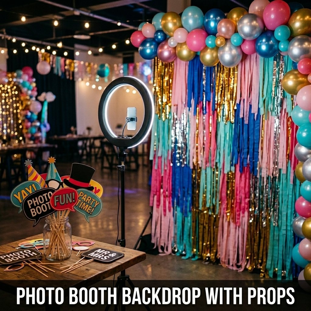 An interactive event station featuring a colorful background, a ring light on a tripod, and a table holding a jar of fun cardstock prop glasses and speech bubbles on wooden sticks