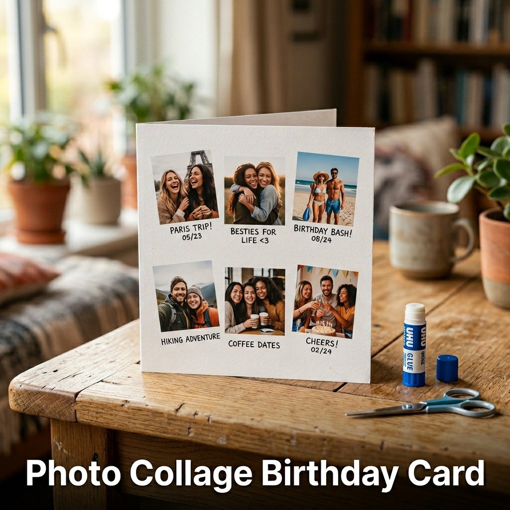 A personalized birthday card front decorated with a neat grid of small, square family vacation photographs cut and glued to a kraft paper base