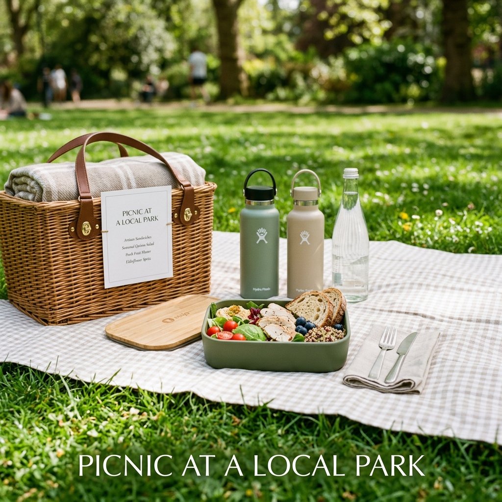 A woven picnic basket sitting open on a red-and-white checkered blanket, displaying fresh sandwiches, apple slices, and reusable water bottles