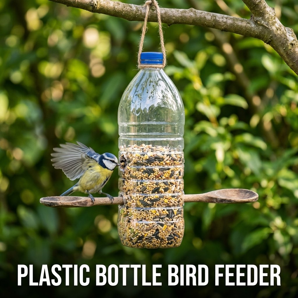 A clear 2-liter plastic bottle filled with wild bird seed, fitted with two horizontal wooden spoons acting as perches, hanging from a backyard tree branch